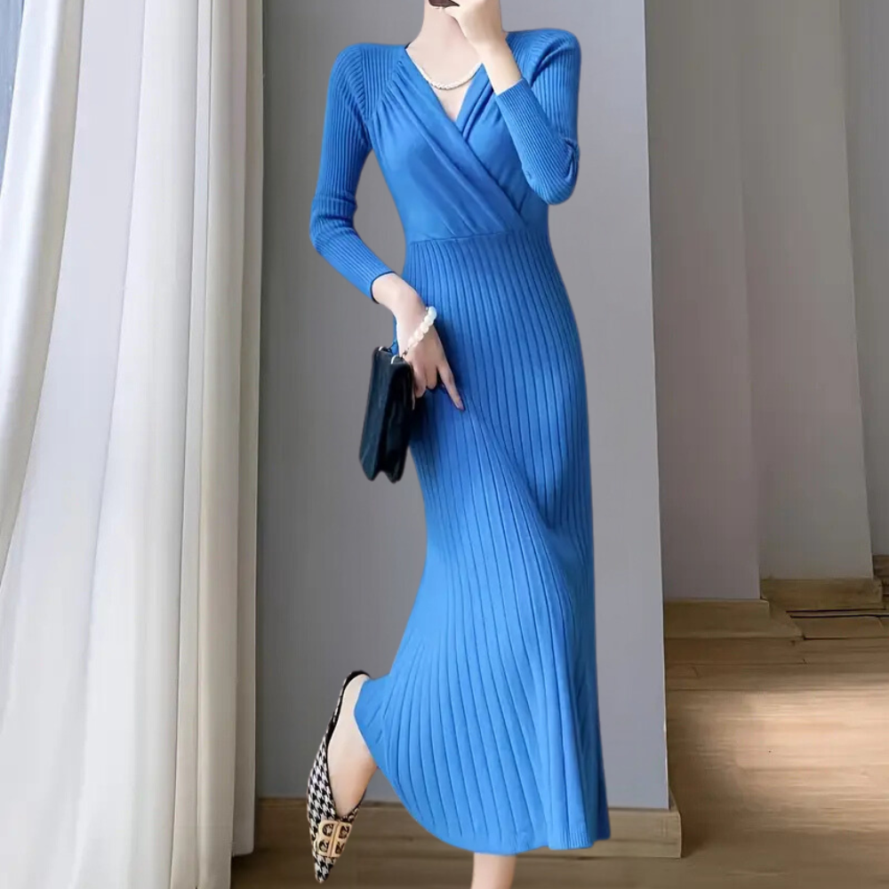Abito midi donna sottile, elegante e lavorato a maglia