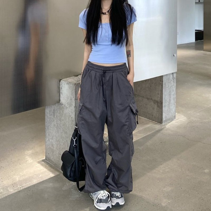 Pantaloni cargo a vita alta da donna con tasche multiple - Pantaloni casual a gamba larga