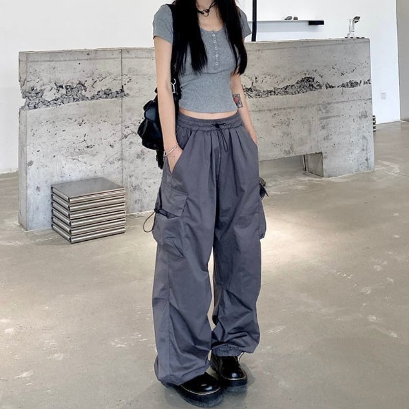 Pantaloni cargo a vita alta da donna con tasche multiple - Pantaloni casual a gamba larga