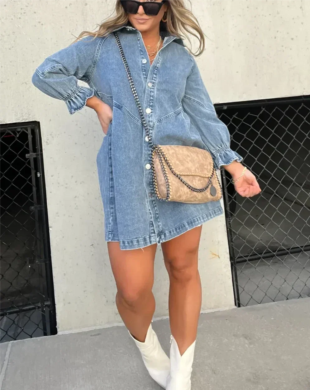Abito corto in denim da donna con maniche lunghe – Abito camicia a trapezio con chiusura frontale con bottoni