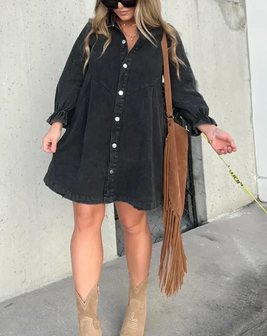 Abito corto in denim da donna con maniche lunghe – Abito camicia a trapezio con chiusura frontale con bottoni