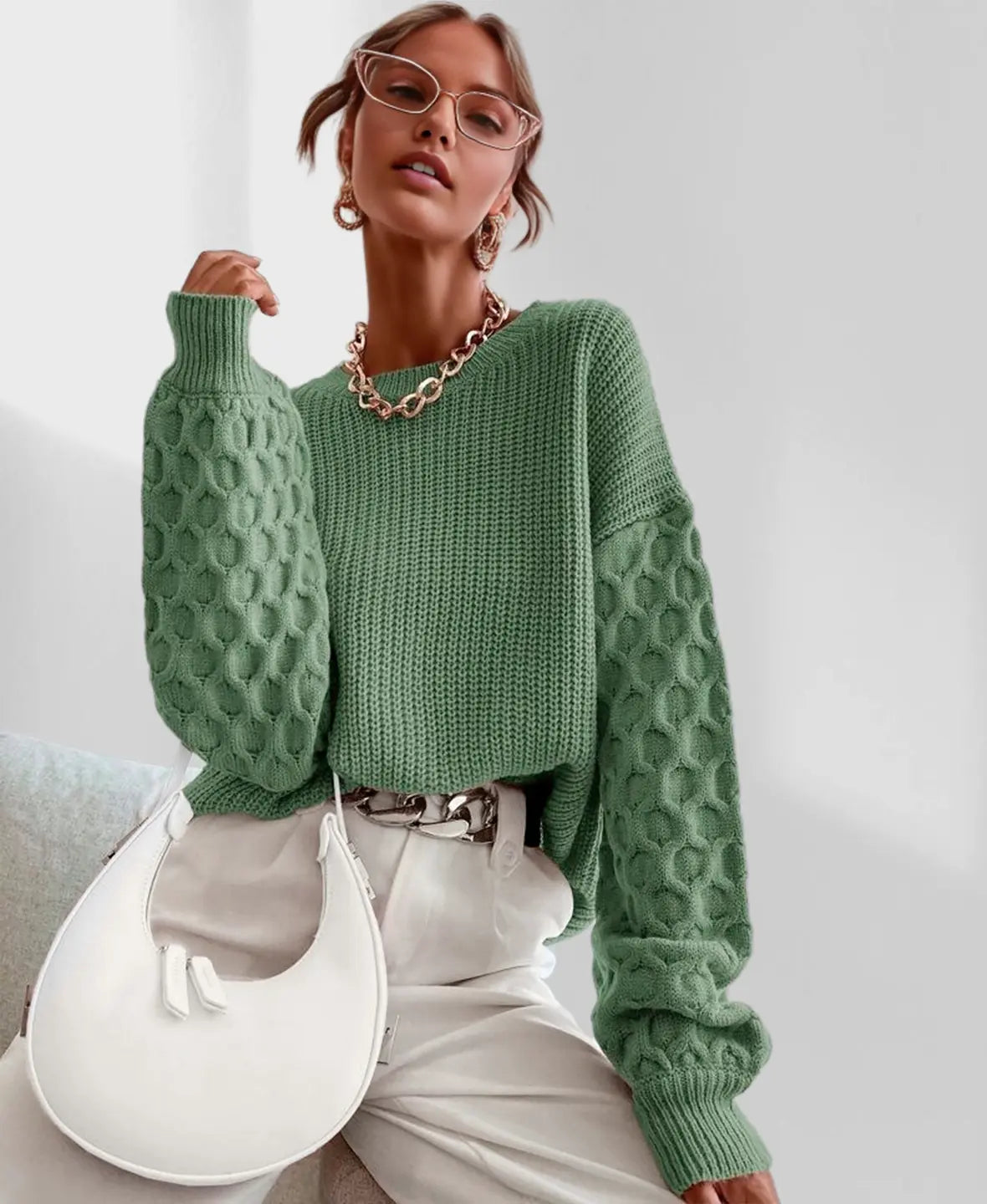 Maglione invernale caldo da donna con maniche a palloncino - Maglieria calda