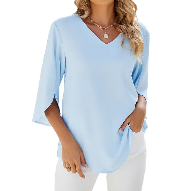 Elegante camicetta da donna con scollo a V e maniche a tre quarti - Top unico, leggero, comodo e morbido per tutti i giorni o per l'ufficio