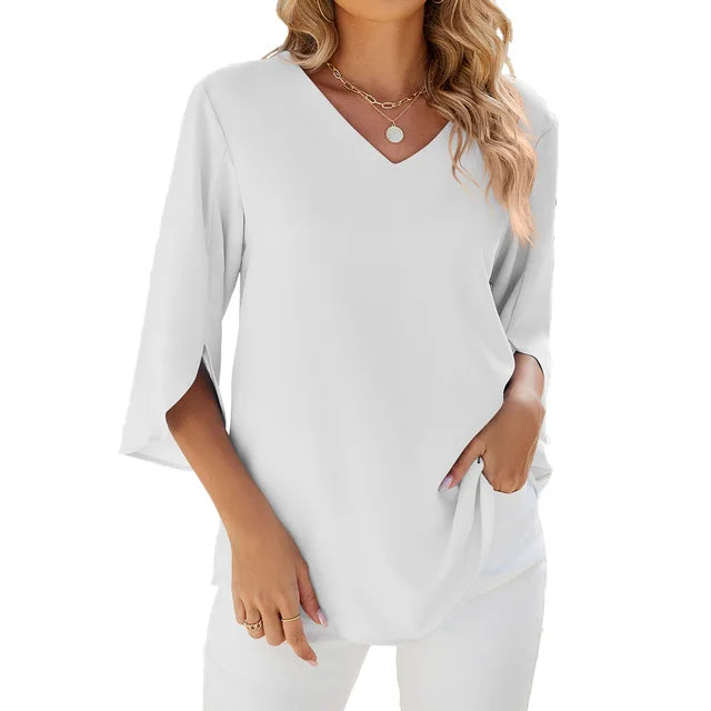 Elegante camicetta da donna con scollo a V e maniche a tre quarti - Top unico, leggero, comodo e morbido per tutti i giorni o per l'ufficio