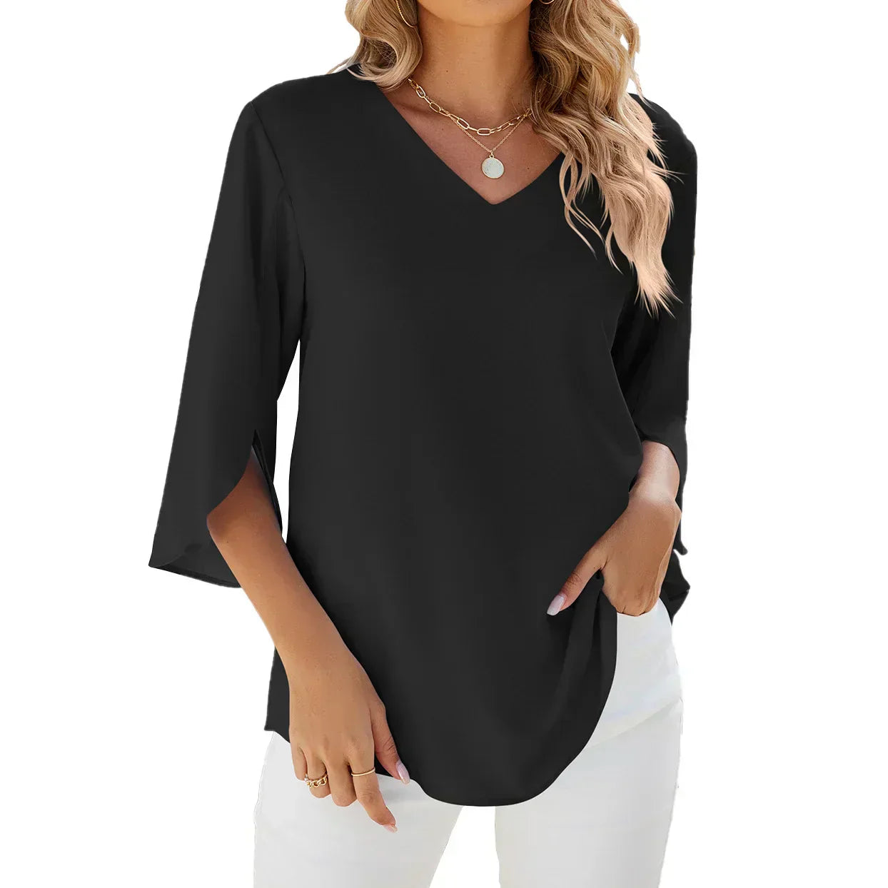 Elegante camicetta da donna con scollo a V e maniche a tre quarti - Top unico, leggero, comodo e morbido per tutti i giorni o per l'ufficio