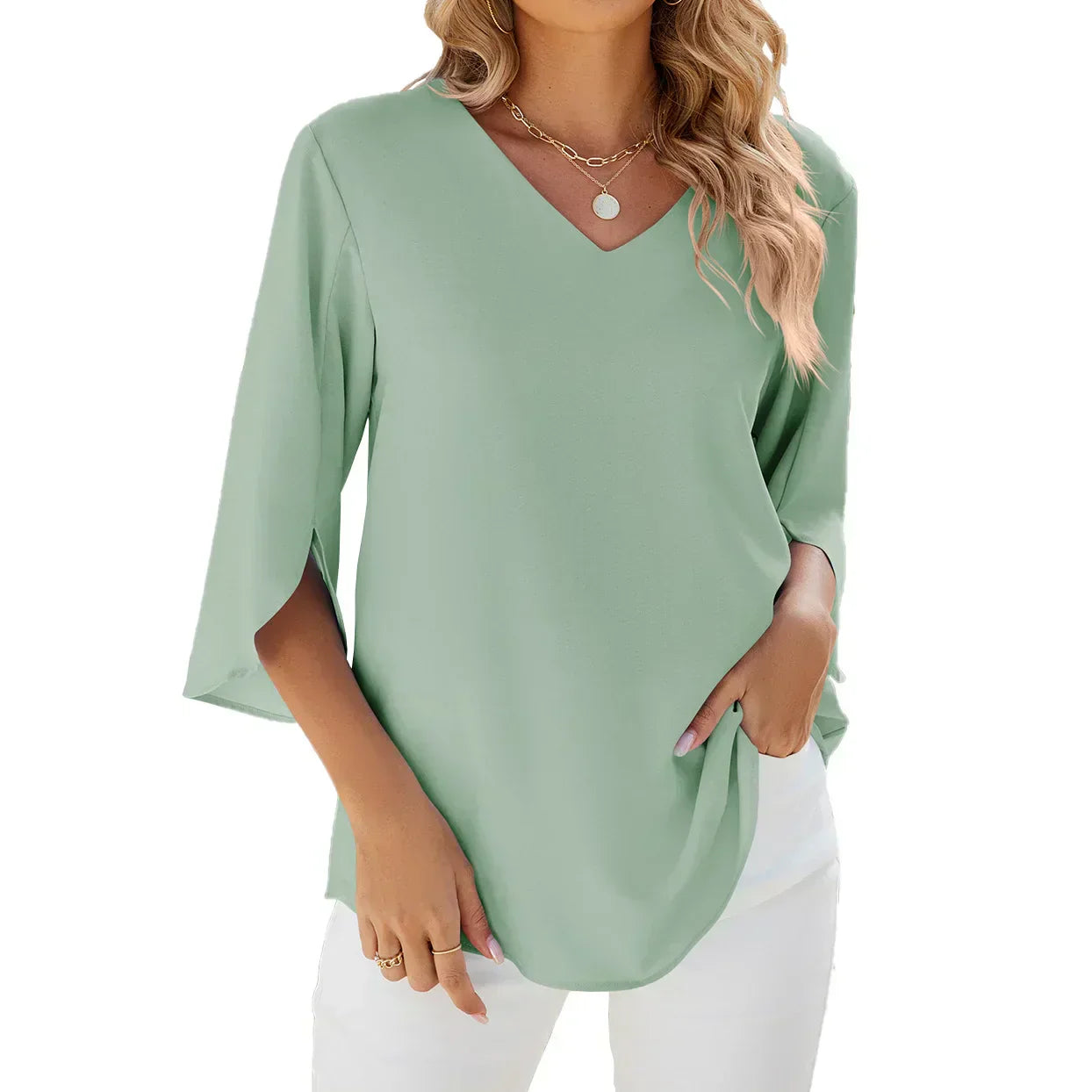 Elegante camicetta da donna con scollo a V e maniche a tre quarti - Top unico, leggero, comodo e morbido per tutti i giorni o per l'ufficio