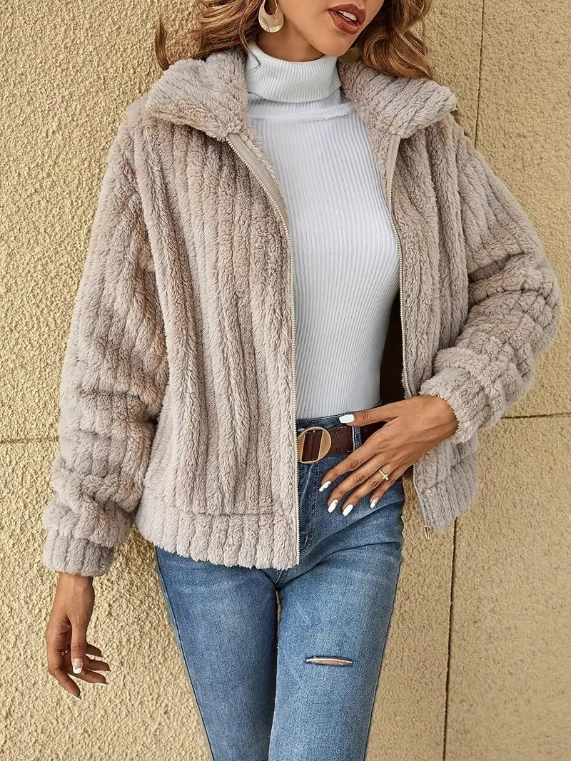 Cardigan invernale da donna con cerniera e maniche lunghe in pile a coste