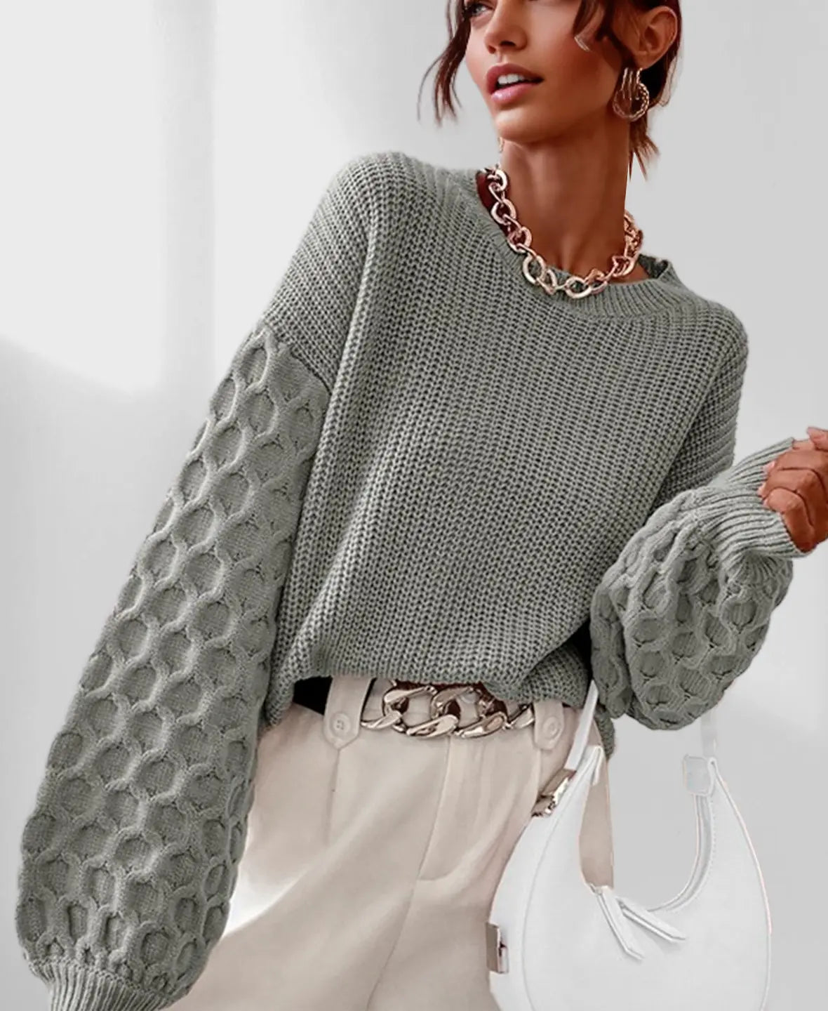 Maglione invernale caldo da donna con maniche a palloncino - Maglieria calda