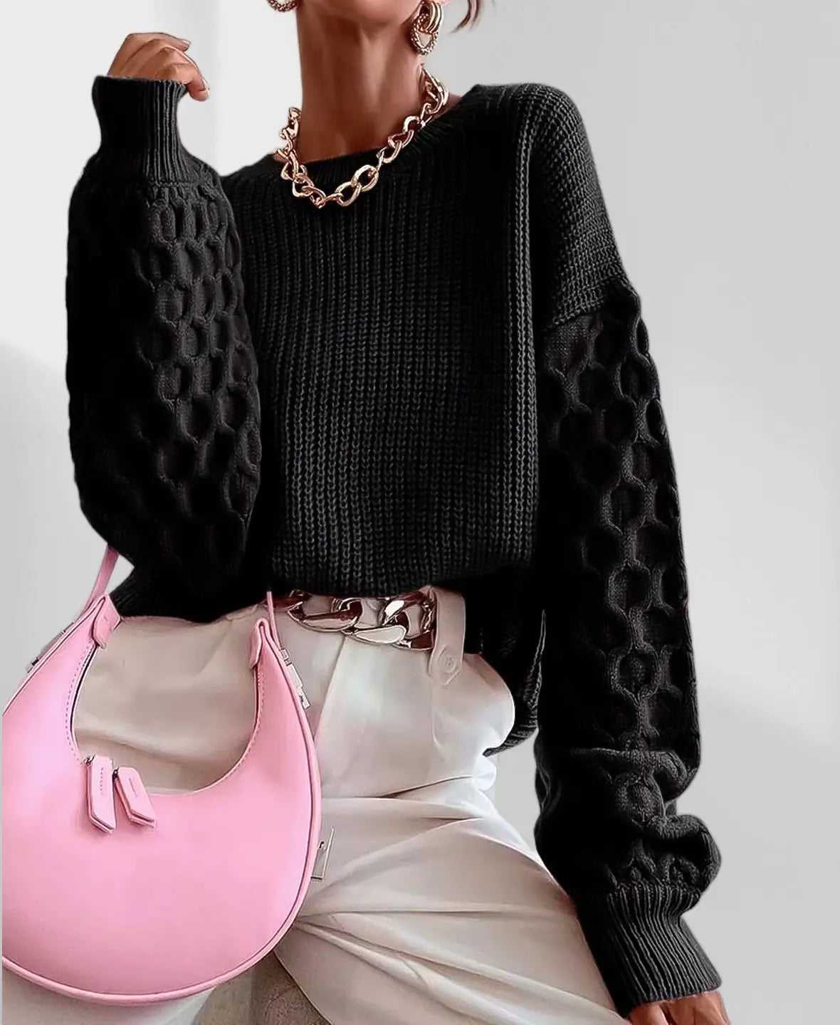 Maglione invernale caldo da donna con maniche a palloncino - Maglieria calda