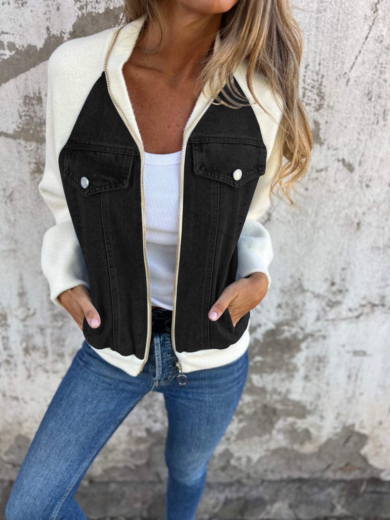 Giacca invernale in denim da donna con fodera in pile e cappuccio