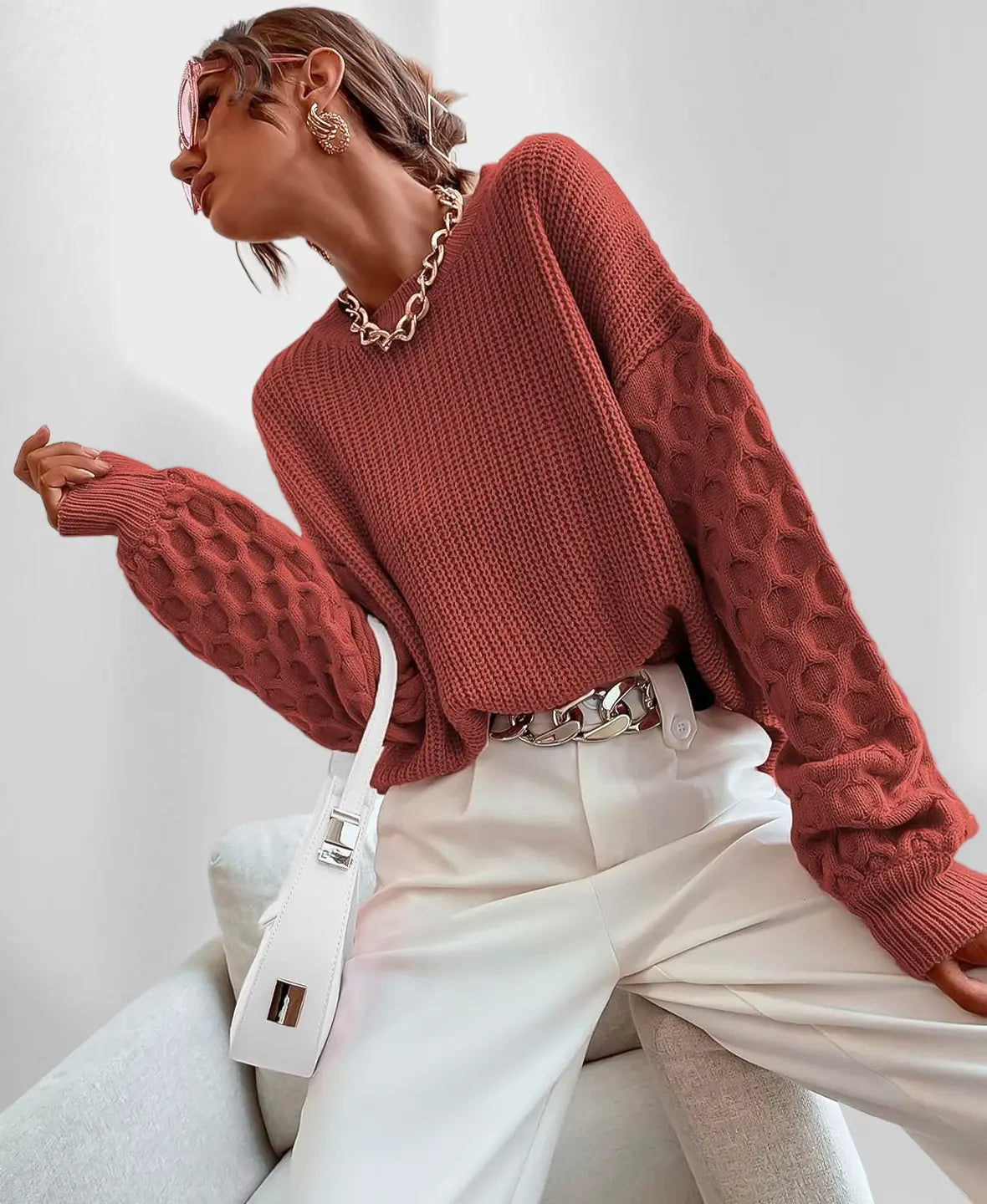 Maglione invernale caldo da donna con maniche a palloncino - Maglieria calda