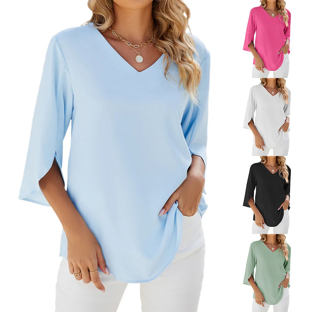 Elegante camicetta da donna con scollo a V e maniche a tre quarti - Top unico, leggero, comodo e morbido per tutti i giorni o per l'ufficio