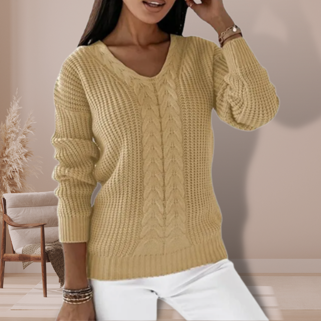 Maglione a trecce con scollo a V da donna – Maglione invernale casual