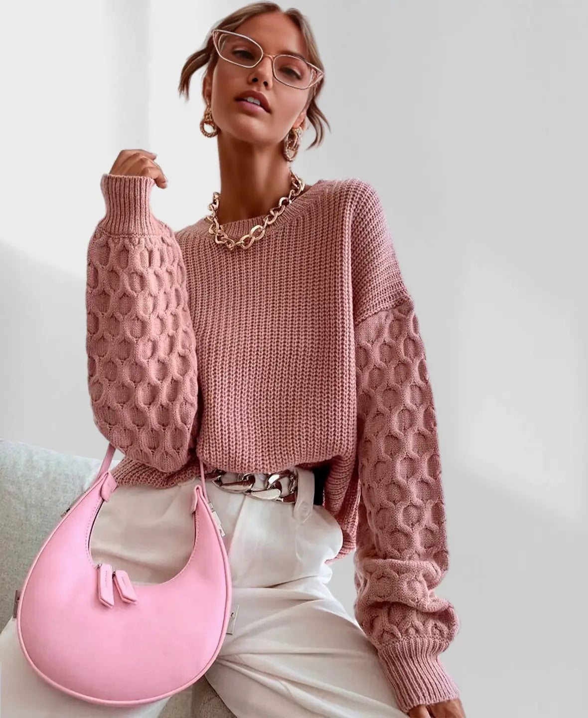 Maglione invernale caldo da donna con maniche a palloncino - Maglieria calda