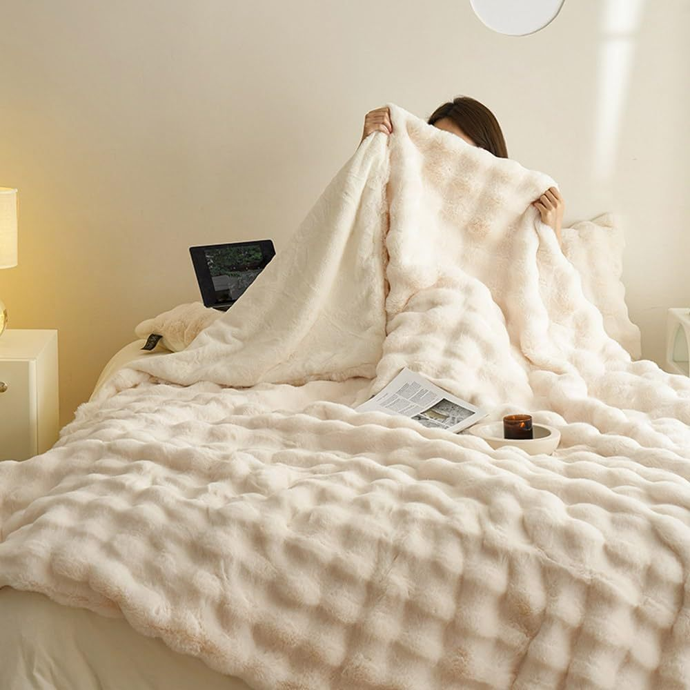 Coperta in pelliccia sintetica di coniglio double-face - Morbida e calda per camera da letto, divano e viaggio - Multifunzionale per tutte le stagioni
