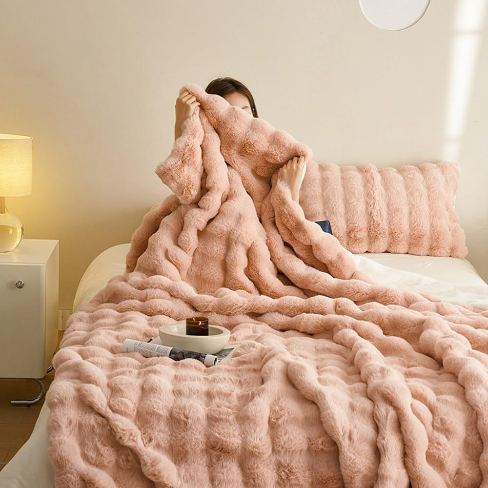 Coperta in pelliccia sintetica di coniglio double-face - Morbida e calda per camera da letto, divano e viaggio - Multifunzionale per tutte le stagioni