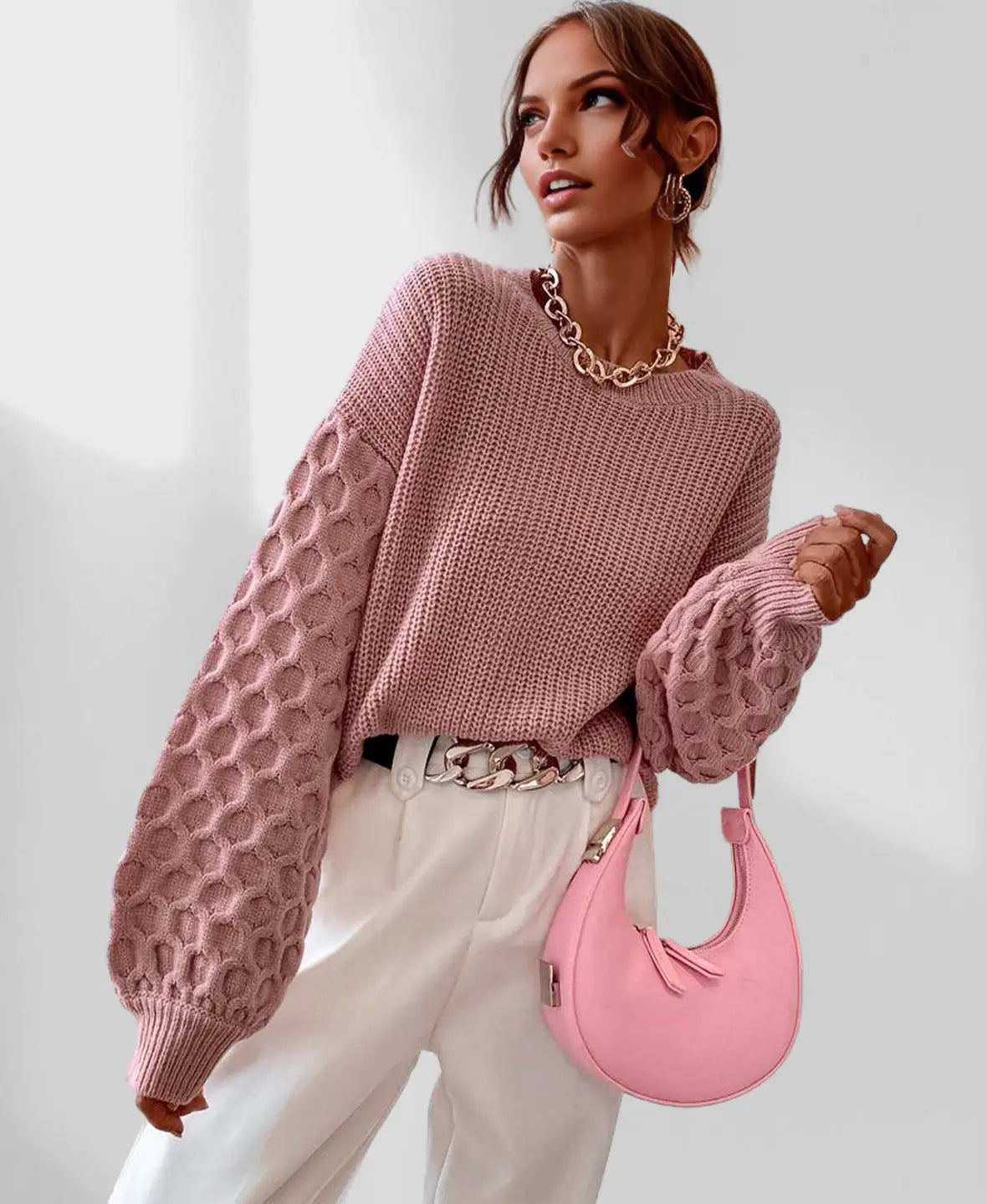 Maglione invernale caldo da donna con maniche a palloncino - Maglieria calda