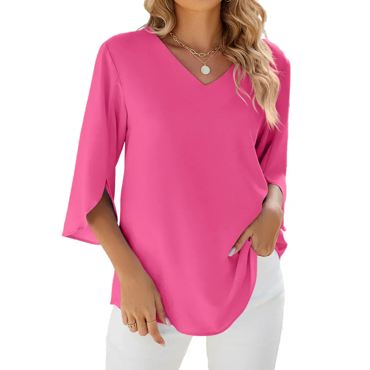 Elegante camicetta da donna con scollo a V e maniche a tre quarti - Top unico, leggero, comodo e morbido per tutti i giorni o per l'ufficio