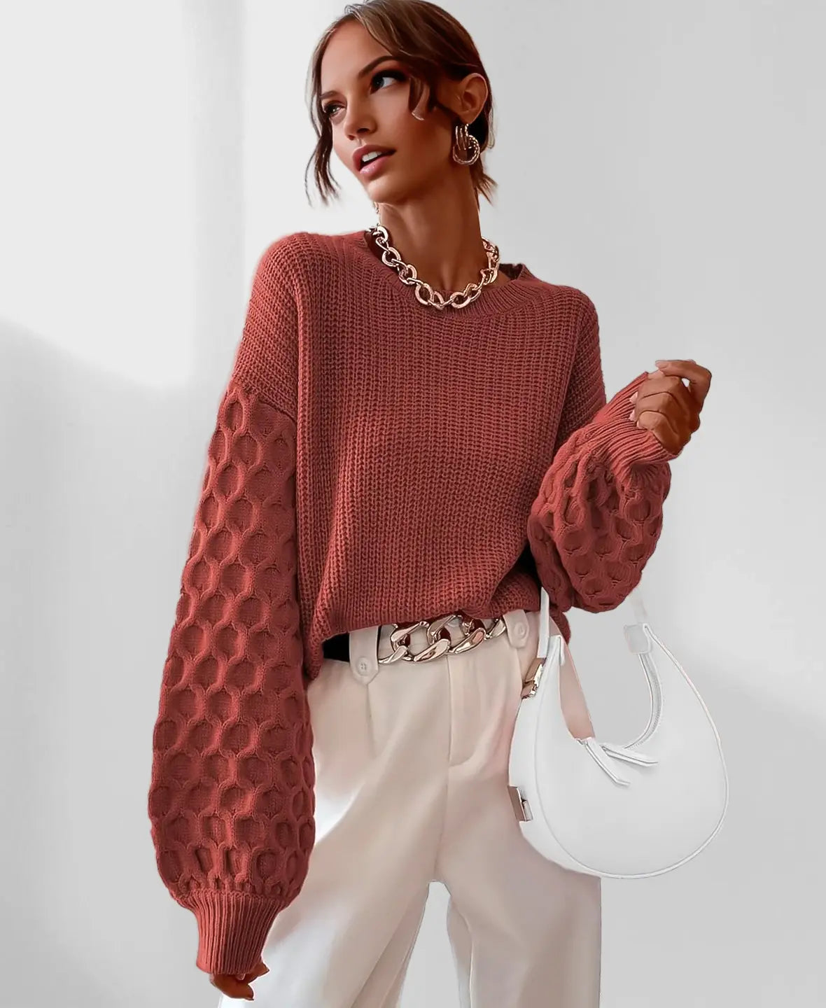 Maglione invernale caldo da donna con maniche a palloncino - Maglieria calda