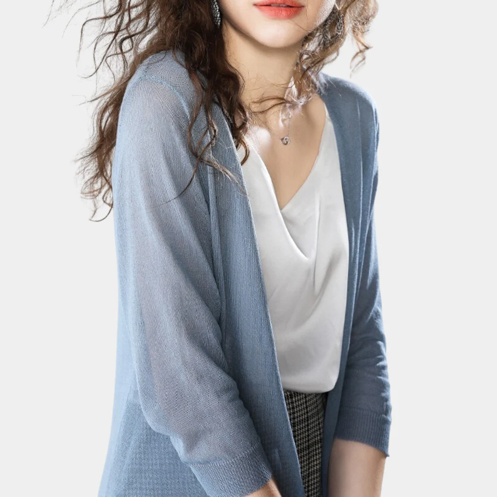 Cardigan lungo aperto leggero da donna con maniche a 3/4