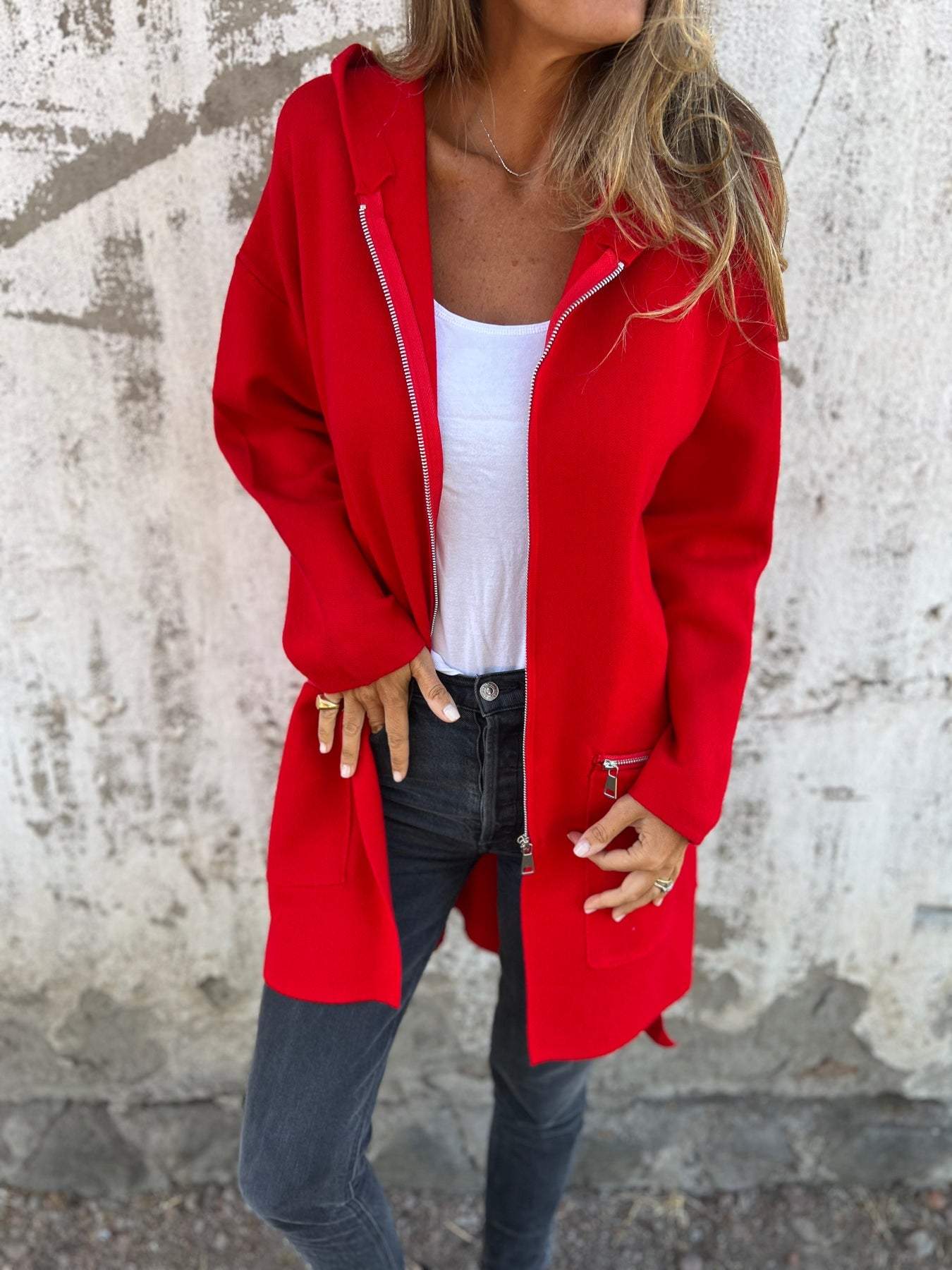 Cardigan Elegante Lungo con Cappuccio e Zip da Donna