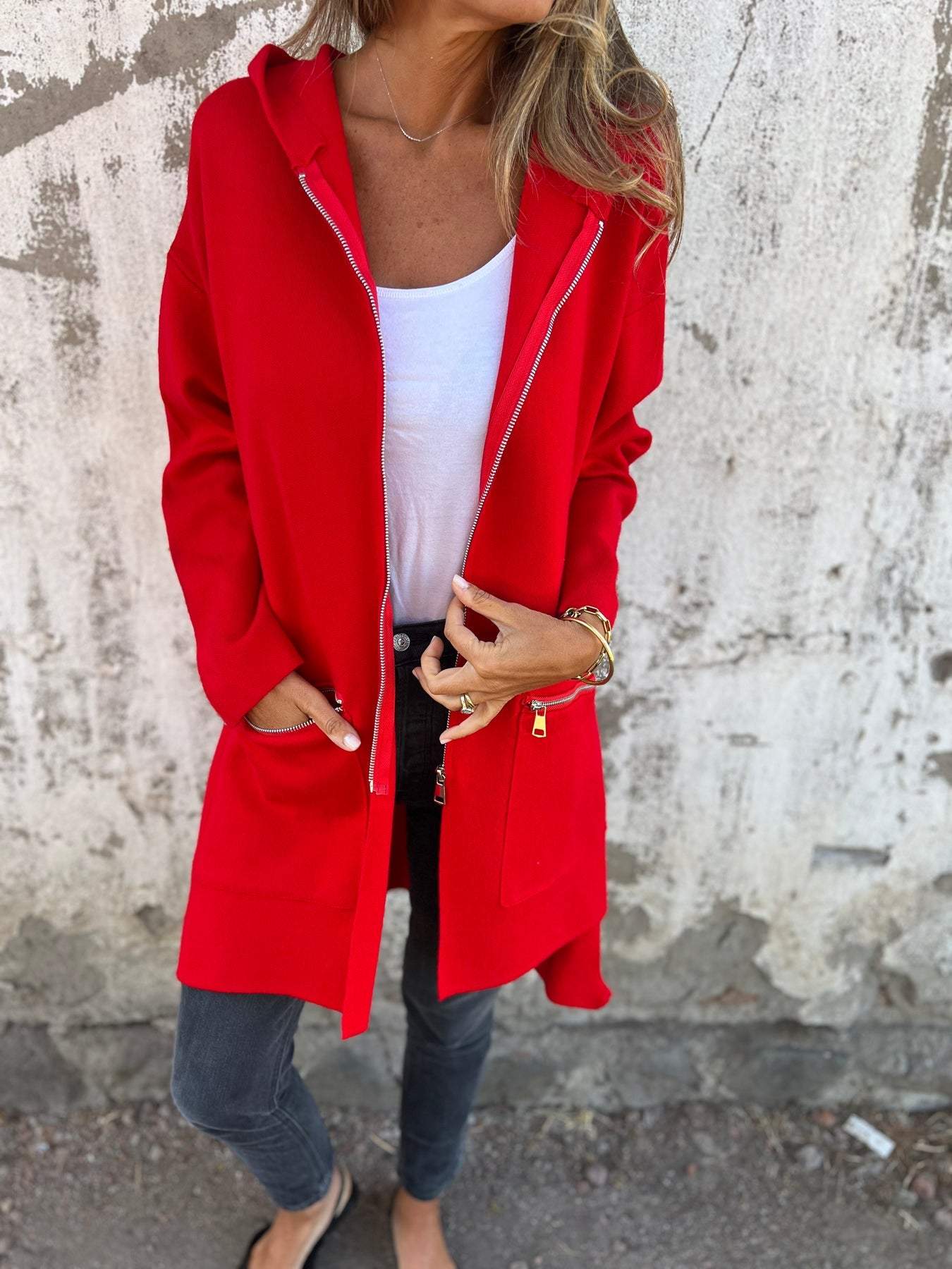 Cardigan Elegante Lungo con Cappuccio e Zip da Donna