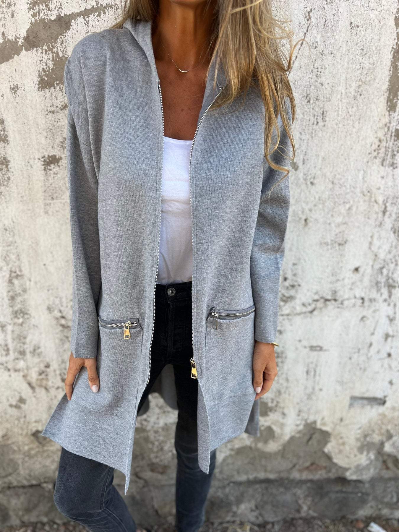 Cardigan Elegante Lungo con Cappuccio e Zip da Donna