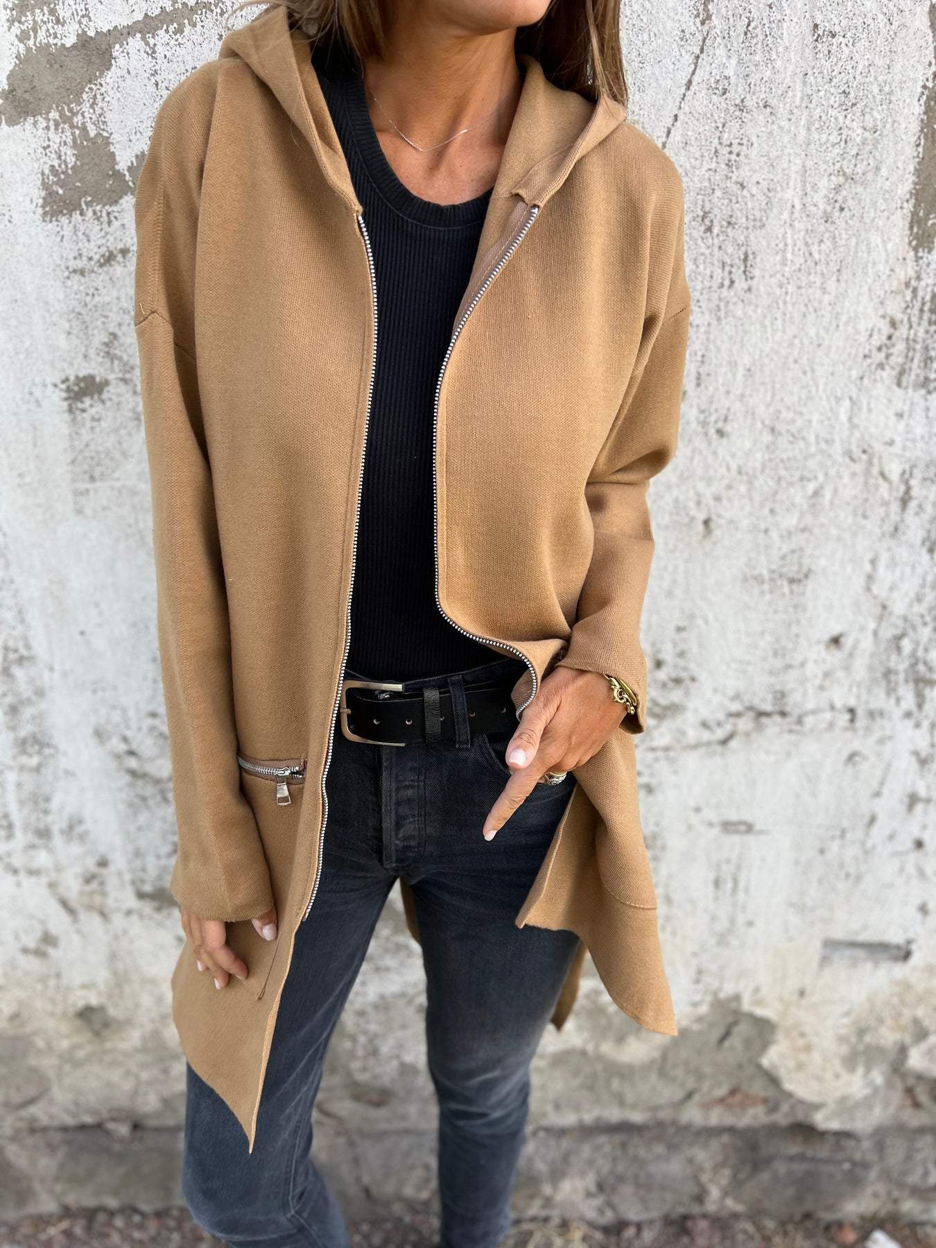 Cardigan Elegante Lungo con Cappuccio e Zip da Donna