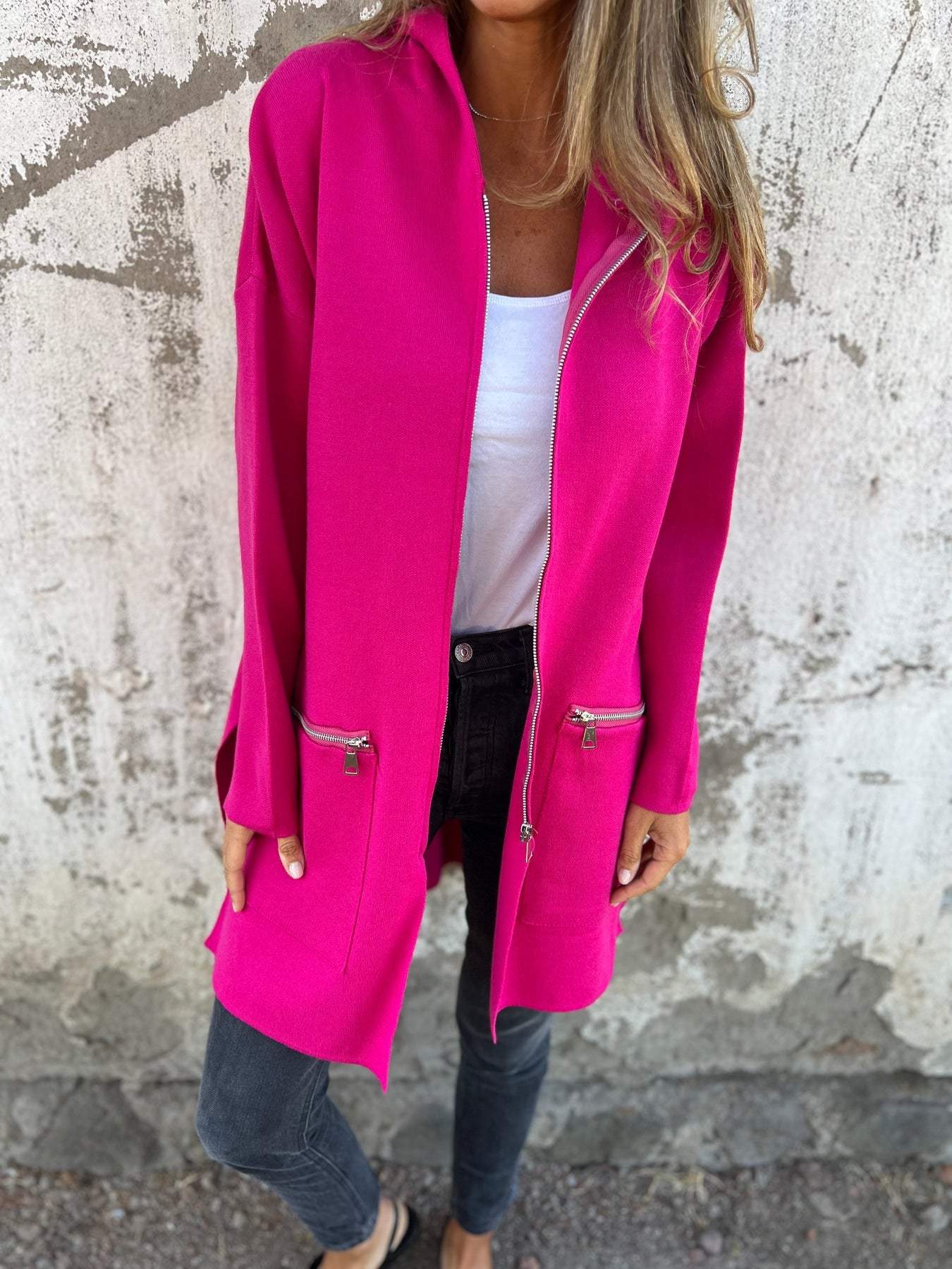 Cardigan Elegante Lungo con Cappuccio e Zip da Donna