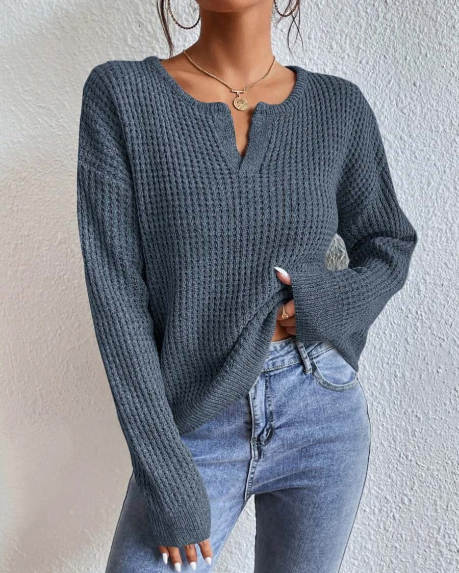 Maglione elegante da donna in tessuto a nido d'ape con scollo a V - Maniche lunghe