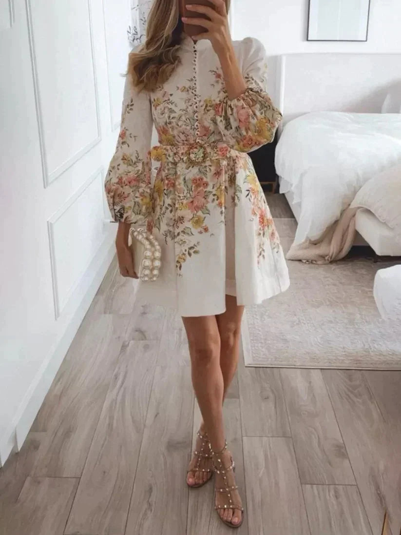 Elegante mini abito stampato da donna – Abito in lino floreale con cintura e bottoni