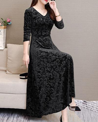 Abito Lungo Donna A-Line Scollo a V – Motivo Floreale Vita Alta Elegante da Cerimonia o Matrimonio
