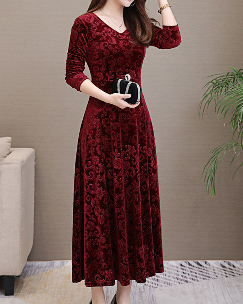 Abito Lungo Donna A-Line Scollo a V – Motivo Floreale Vita Alta Elegante da Cerimonia o Matrimonio