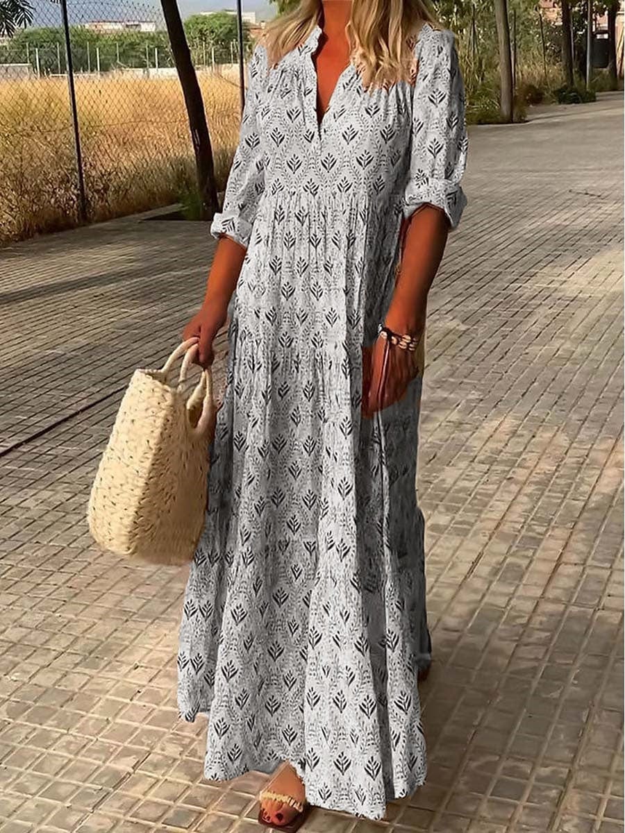 Abito lungo in lino con maniche risvoltate – stile boho chic per l’estate