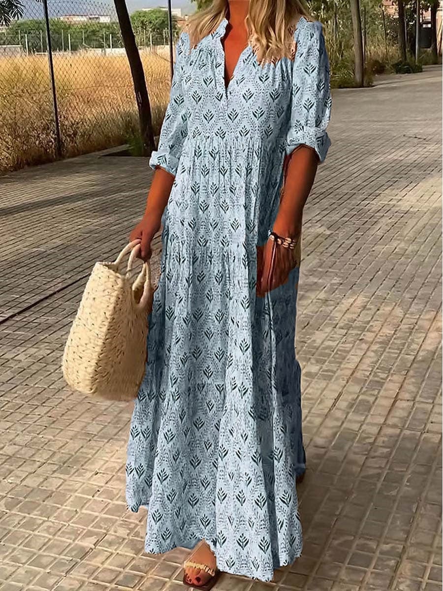 Abito lungo in lino con maniche risvoltate – stile boho chic per l’estate