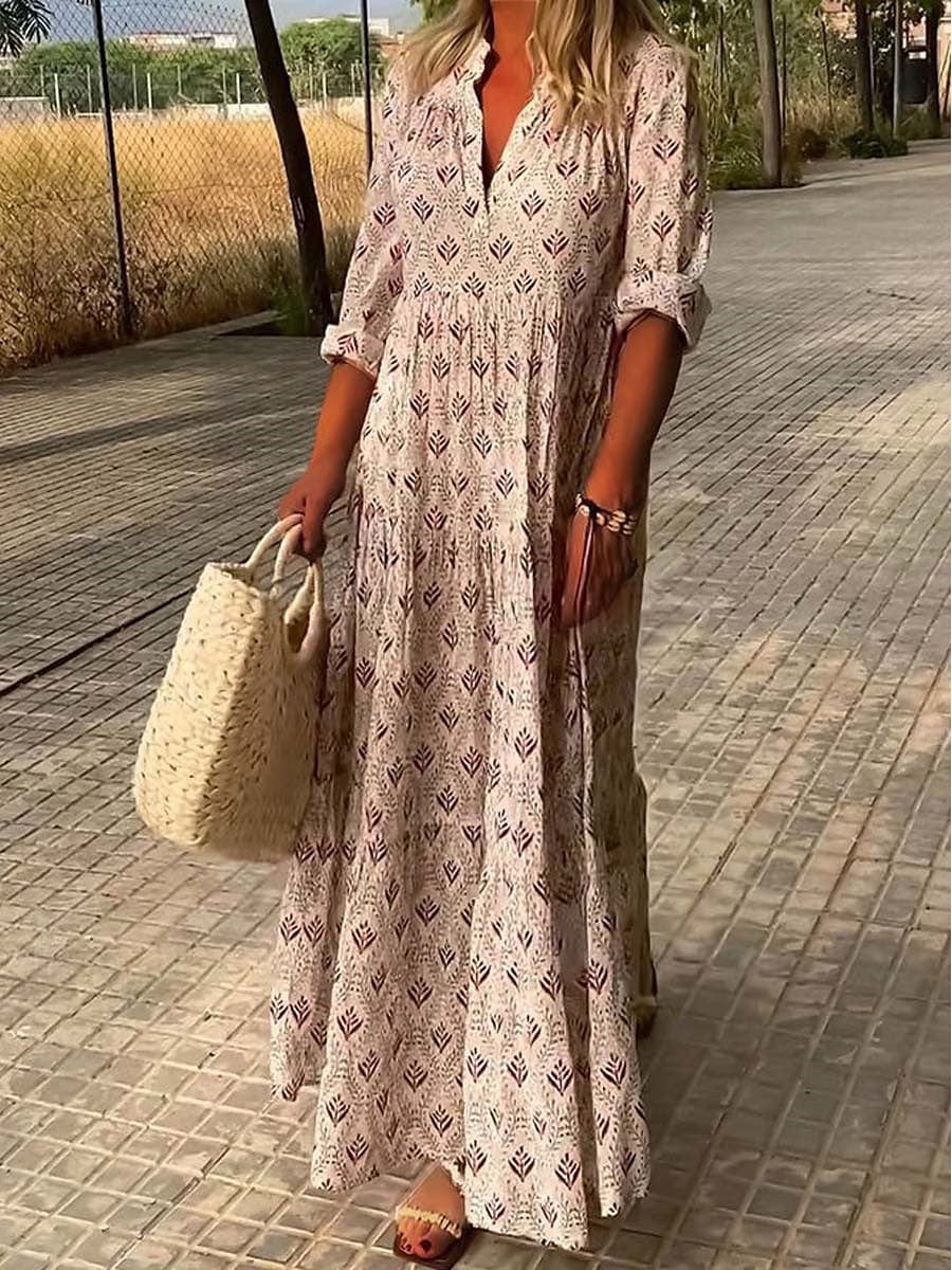 Abito lungo in lino con maniche risvoltate – stile boho chic per l’estate