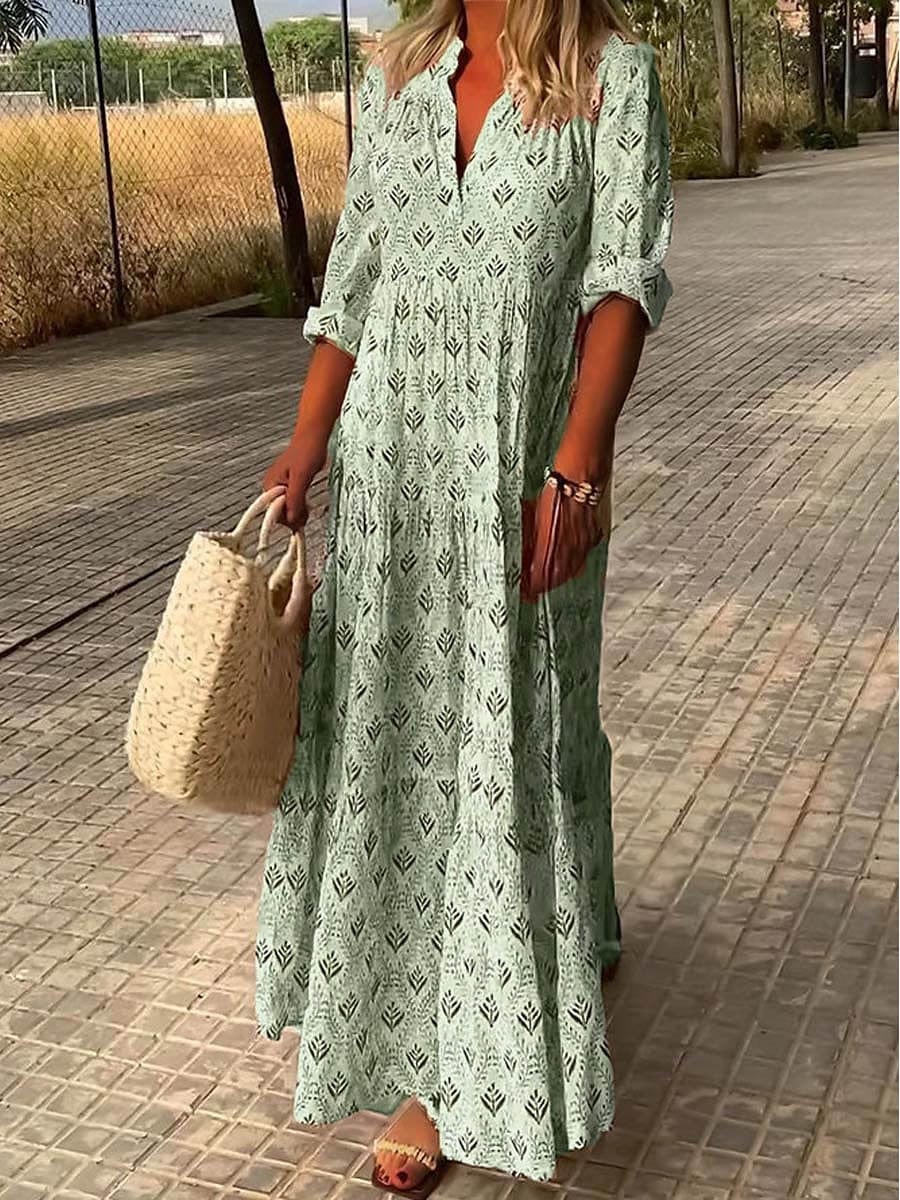 Abito lungo in lino con maniche risvoltate – stile boho chic per l’estate