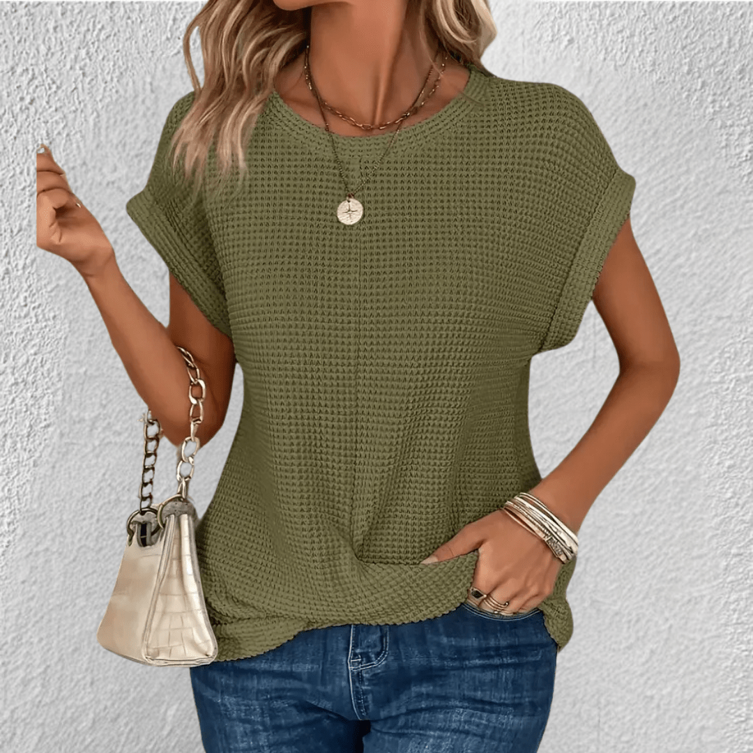 Camicetta da donna in maglia a nido d'ape con scollo rotondo