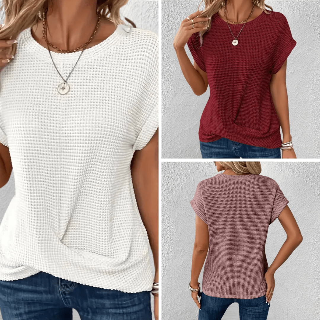 Camicetta da donna in maglia a nido d'ape con scollo rotondo