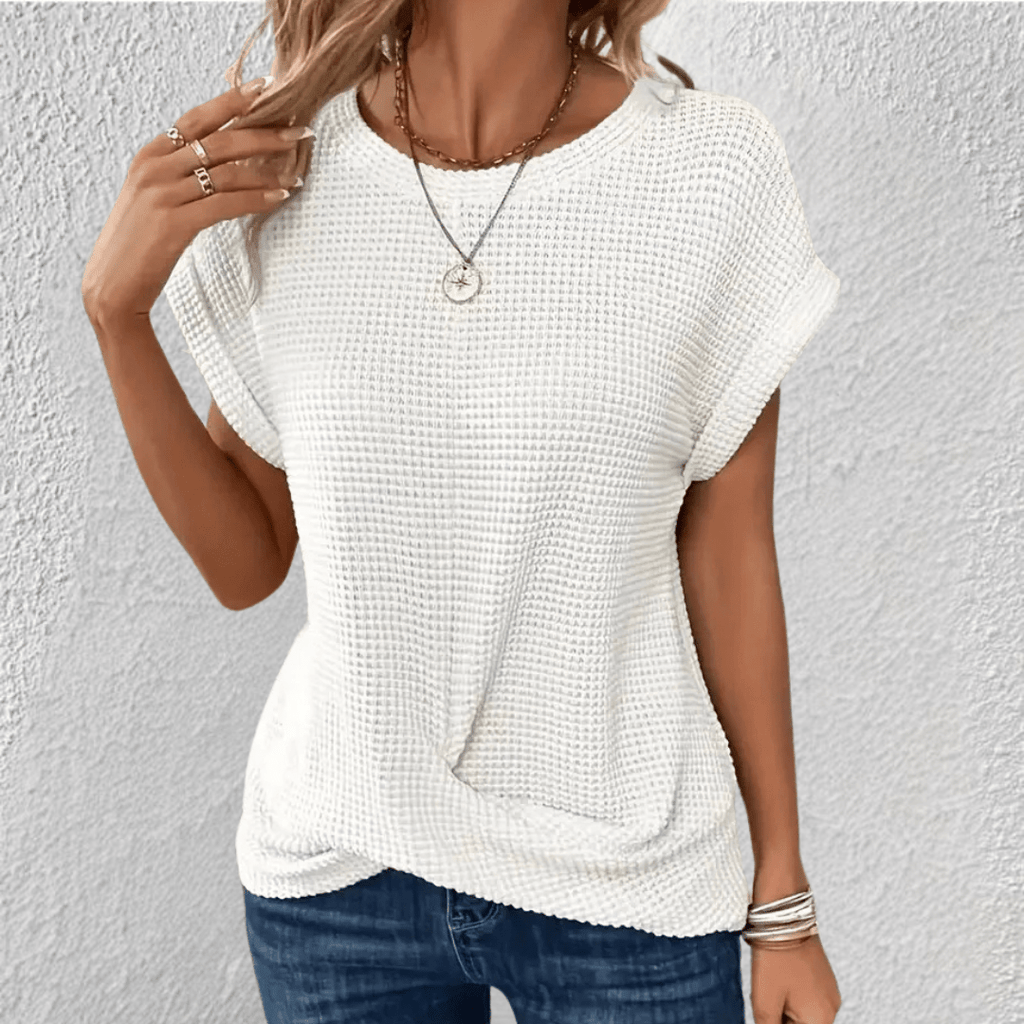 Camicetta da donna in maglia a nido d'ape con scollo rotondo