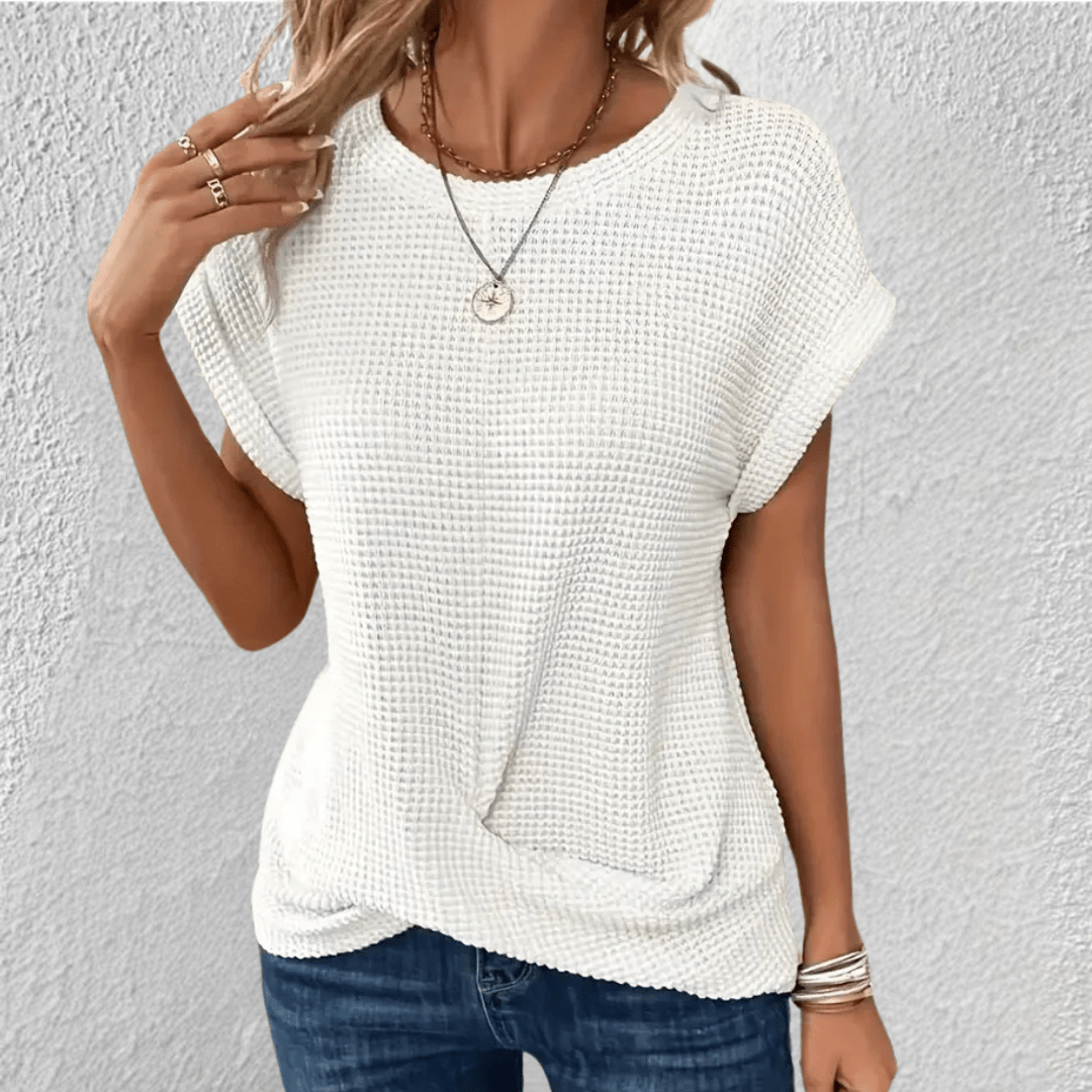 Camicetta da donna in maglia a nido d'ape con scollo rotondo