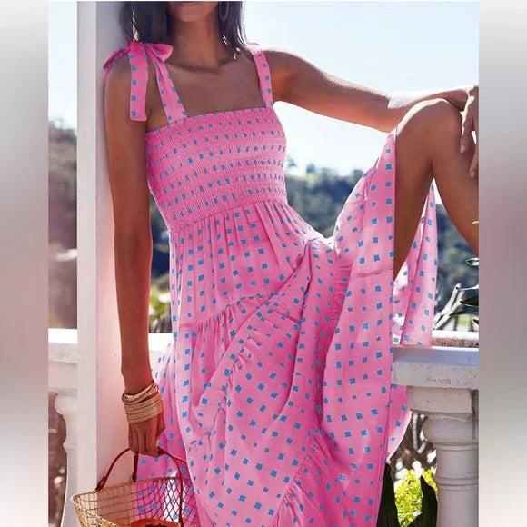 Abito lungo estivo da donna - Rosa con parte superiore a nido d'ape e dettagli blu