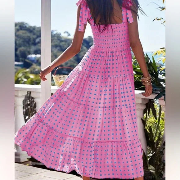 Abito lungo estivo da donna - Rosa con parte superiore a nido d'ape e dettagli blu