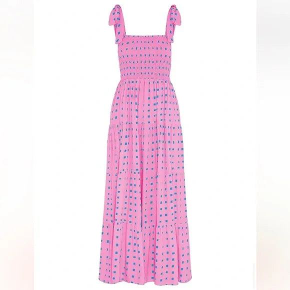 Abito lungo estivo da donna - Rosa con parte superiore a nido d'ape e dettagli blu