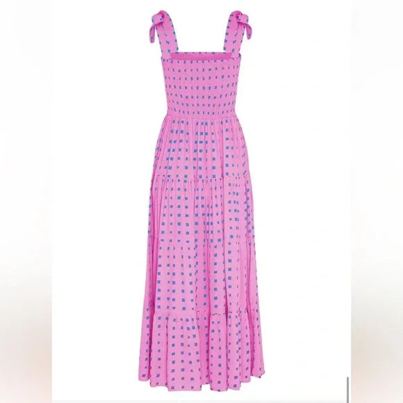 Abito lungo estivo da donna - Rosa con parte superiore a nido d'ape e dettagli blu