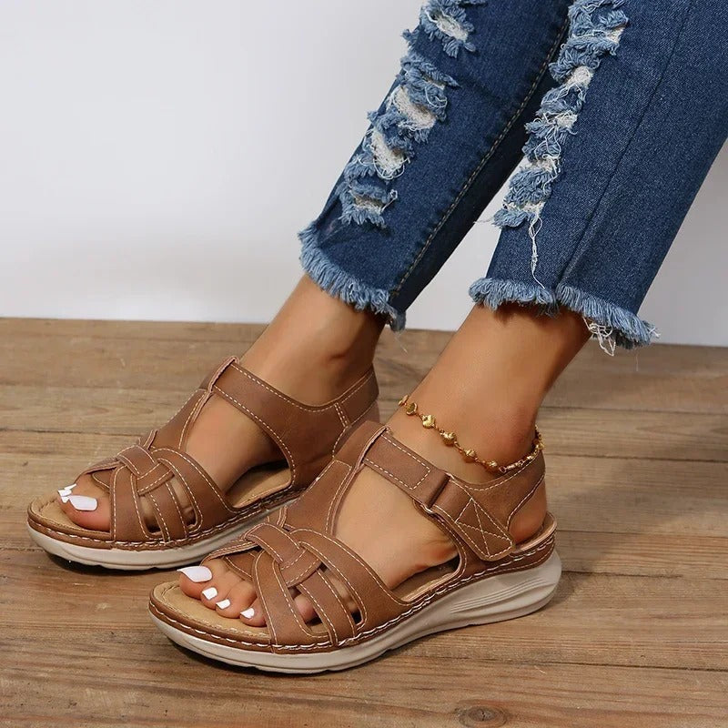 Sandali ortopedici da donna in pelle casual, comodi e dal design elegante – Sandali da passeggio larghi e di supporto per l'uso quotidiano