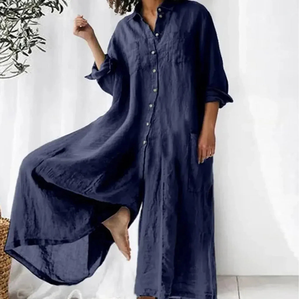Tuta da donna comoda comoda con gamba larga e bottoni - Vestibilità comoda