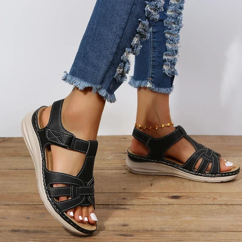 Sandali ortopedici da donna in pelle casual, comodi e dal design elegante – Sandali da passeggio larghi e di supporto per l'uso quotidiano