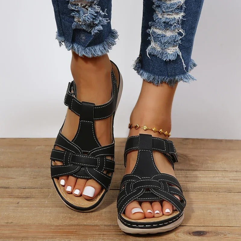 Sandali ortopedici da donna in pelle casual, comodi e dal design elegante – Sandali da passeggio larghi e di supporto per l'uso quotidiano