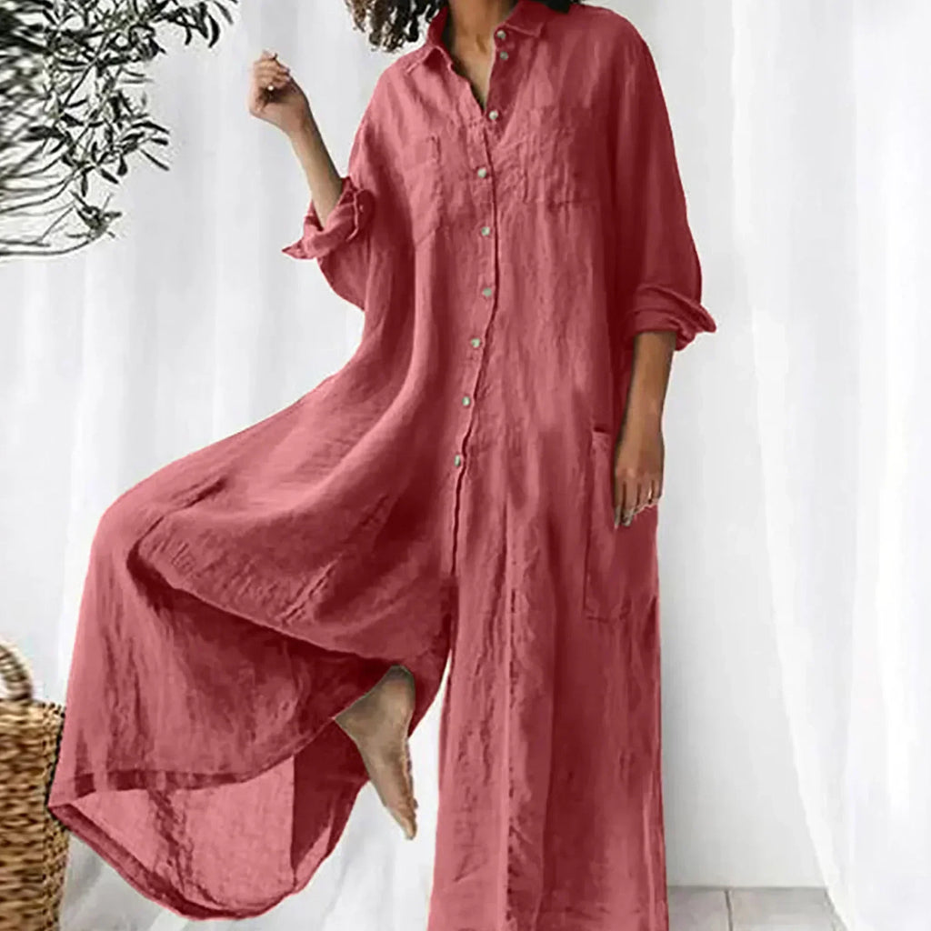 Tuta da donna comoda comoda con gamba larga e bottoni - Vestibilità comoda